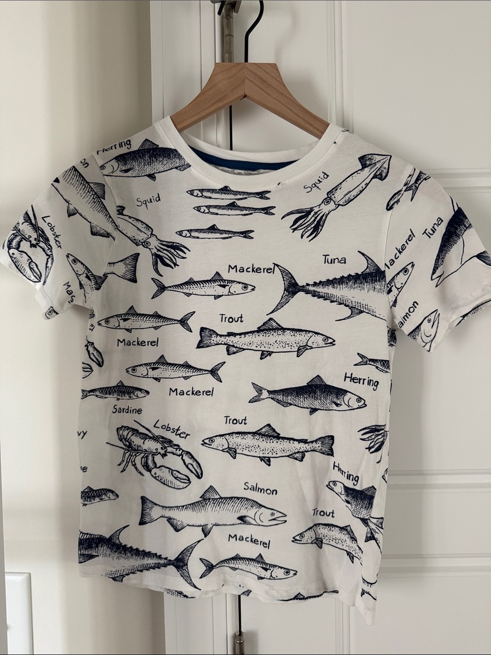H&M White T-Shirt with Navy Fish & Sea Creature Print